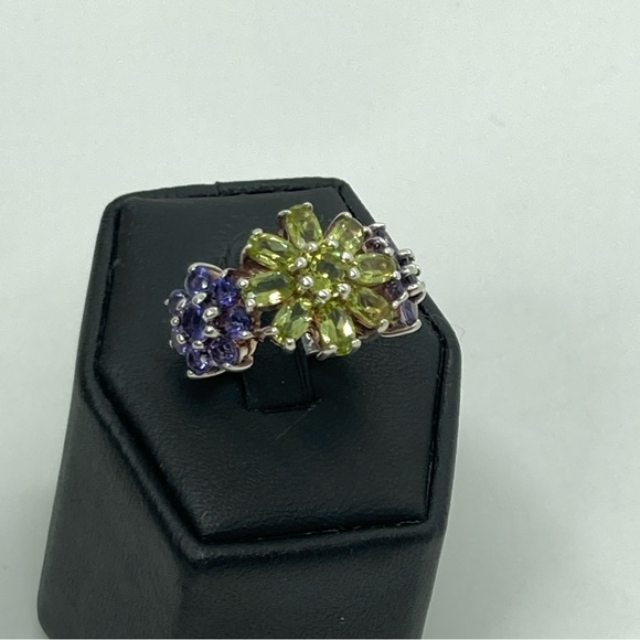 Vtg Sterling Silver Amethyst & Peridot Floral Cocktail Ring 3 Flowers | Sz 5 - Picture 5 of 13